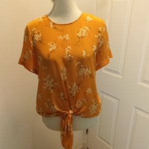 Madewell floral tie front blouse mustard floral silk button back